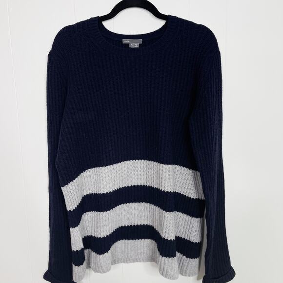 Vince Striped Wool Cashmere Blend Sweater Navy Blue Gray XLarge XL Womens Crew - Picture 1 of 8